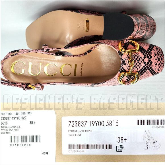 GUCCI pink Python print Calfskin 38.5-8.5 gold Horsebit slingback platform shoes - Picture 7 of 10